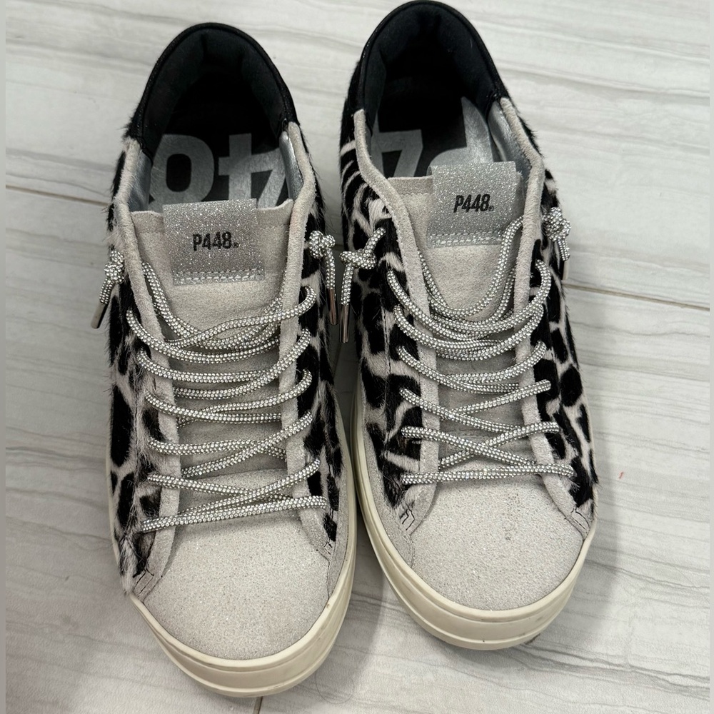 P448 Animal Print Fur Lined Tennis Shoes with Rhinestone Laces - Picture 9 of 13